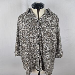 Catherines Blouse Womens 1X Petite Brown White Paisley Buttons Roll Tab Sleeve